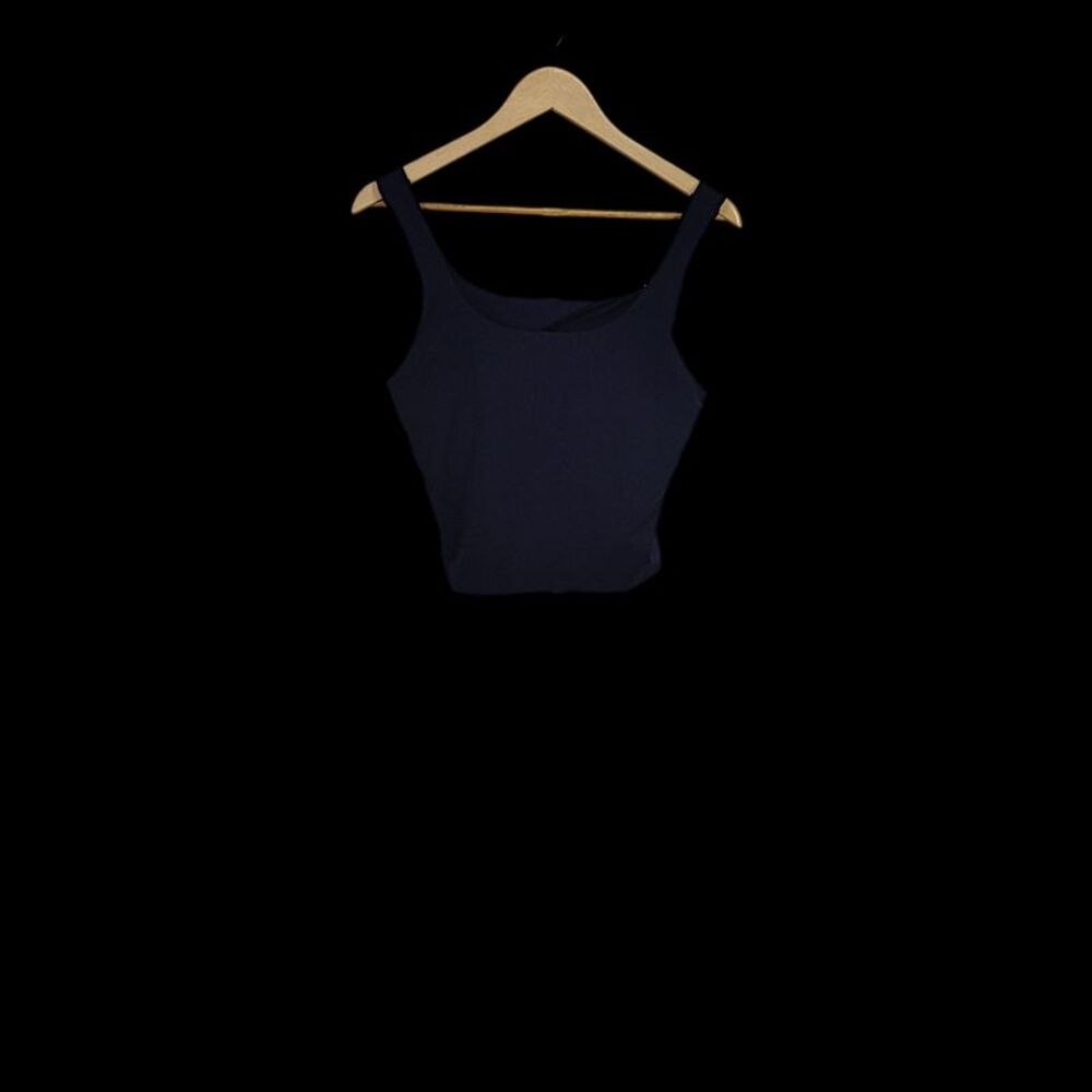 Quince Women Cropped Square Neck Ribbed Knit Tank Sleeveless Top Blue L